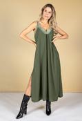 Lace Neckline Maxi Dress - Khaki / Free Size image