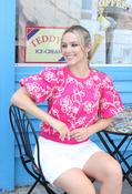 Contrast Floral Embroidered Top - Deep Pink / L