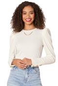 Long Sleeve Crew Neck Button Placket Knit Top with Chain Detail - Off White / L image