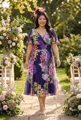 Victoria Angel Sleeve Mesh Midi Curve+ Dress - Navy Purple / 14