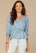 Lantern Sleeve V-Neck Printed Top - Denim / XL image