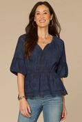 Bubble Sleeve Crochet Peplum Top - Navy / M image