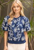 Contrast Floral Embroidered Top - Navy / M image