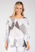 Patchwork Print Linen Look Top - White/Grey / F/S