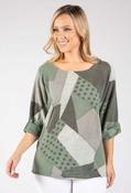 Patchwork Print Linen Look Top - Green Mix / F/S image