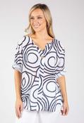 Abstract Print Linen Look Blouse - White/Navy / F/S
