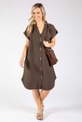 V-Neck Linen Look Dress - Brown / F/S