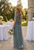 V Neck Sequin and Tulle Dress with Tie Waist - Dusty Teal / 14 image