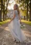 SOFT GREY V NECK SEQUIN AND TULLE DRESS WITH TIE WAIST - Soft Grey / 6 image