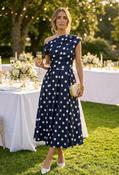 Betty Asymmetric Polka Dot Midi Dress - Navy / 12 image