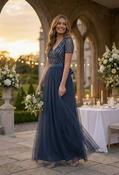 NAVY V NECK SEQUIN AND TULLE DRESS WITH TIE WAIST - Navy / 8 image