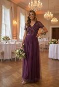 Berry V NECK SEQUIN AND TULLE DRESS WITH TIE WAIST - Berry / 10 image