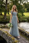 MISTY GREEN V NECK SEQUIN AND TULLE DRESS WITH TIE WAIST - Misty Green / 18 image