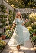 ANGEL SLEEVE EMBELLISHED MAXI DRESS WITH SASH BELT - Green Lily / 8 image