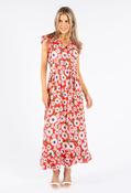 Daisy Print Frill Neckline Maxi Dress - Red / 10 image