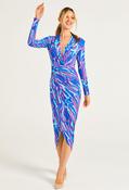 Plunge Neck Faux Wrap Print Midi Dress - Blue / 8 image