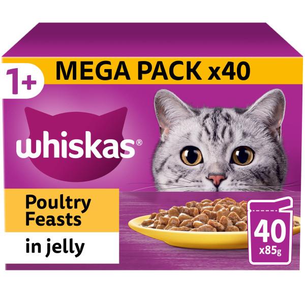Whiskas Wet Cat Food Pouches Poultry Feasts in Jelly 40 x 85g 1+ MEGA PACK x40
