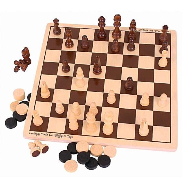 Bigjig Chess and Draughts Wooden Board Game Set with Chess Pieces, Draughts Pieces, and Wooden Board
