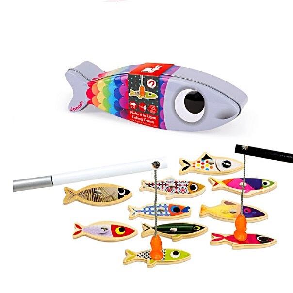 Janod Fishing Game for Toddlers with Wooden Rods & Colorful Fish in Metal Box