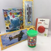 Pocket Money Collection Wooden Yoyo In Red, Yellow , Blue or Green, Glibber Rubber Glow In Dark Blow Up Ball , 2 Polystyrene Gliders And Noisy Putty image