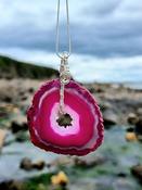 Pink Agate Slice Wirewrapped Silver Necklace Anxiety relief image