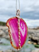 Pink Agate Slice Crystal Wirewrapped Silver Copper Penant Necklace image