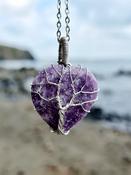 Amethyst Crystal Heart Pendant Necklace Tree of Life Wirewrapped image