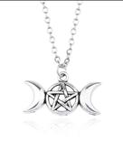 Triple Moon Goddess Pentacle Necklace Antique Silver image