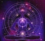 Biogeometry Tarot Tapestry Tablecloth 3D Beautiful Woman Yoga Silhouette Sitting Sun ethnic art Crystal Vector Tapestry Colourful Purple with Wall Ha image