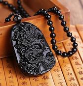 Black Obsidian Hand Carved Pendant Mala Necklace, Luck Necklace, Prosperity Dragon Necklace image