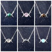 Triple Moon Zodiac Sign Natural Crystal Necklace Silver Pendant Crescent Moon image