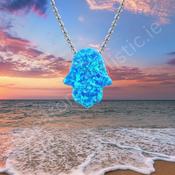 Hamsa Hand Blue Fire Opal Crystal Amulet Pendant 925 Sterling Silver image