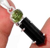 Black Tourmaline and Genuine Moldavite  Crystal Amulet Necklace Pendant Talisman 925 Sterling Silver image