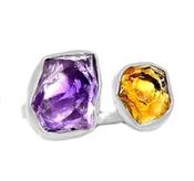 Citrine and Amethyst Rough Crystal Ring - Natural Stone Ring image