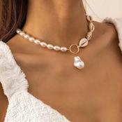 Pearl and Cowrie Shell Necklace Bohemian Pearl Choker Beaded Seashell Necklace Beach Jewelry image