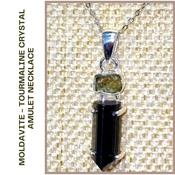 Black Tourmaline and Genuine Moldavite  Crystal Amulet Necklace Pendant Talisman 925 Sterling Silver image