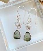 Moldavite and Herkimer Diamond Crystal Earrings 925 Sterling Silver image