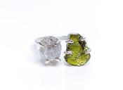 Moldavite with Herkimer Diamond Crystal Ring 925 Sterling Silver image