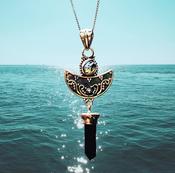 Black Tourmaline and Moldavite  Crystal Amulet Necklace Pendant Talisman 925 Sterling Silver image