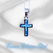 Fire Blue Ethiopian Opal Cross Natural Stone Pendant 925 Sterling Silver ±20 mm image