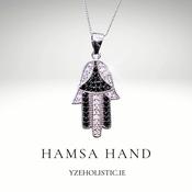 Hamsa Black Obsidian 925 Sterling Silver Hand Pendant Necklace Jewellery image