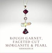 Rough Garnet, Faced Cut Morganite &amp; Pearl Natural Stone Crystal 925 Sterling Silver Pendant Necklace image
