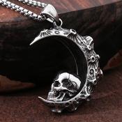 Gothic Crescent Skull Moon Solid Titanium Steel Pendant Silver Necklace image