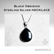 Black Obsidian Gemstone Drop Shape Necklace 925 Sterling Silver Crystal Pendant image