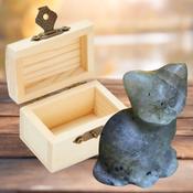 Sitting Cat Stone Carving with Wooden Treasure Box image