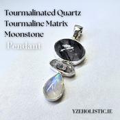 Tourmalinated Quartz - Tourmaline Matrix - Moonstone Pendant Natural Stone Crystal Necklace Pendant image