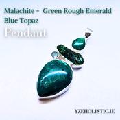 Malachite - Green Rough Emerald - Blue Topaz 925 Sterling Silver Pendant Natural Stone Crystal Necklace image