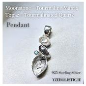 Tourmalinated Quartz - Tourmaline Matrix - Moonstone - Topaz Pendant Natural Stone Crystal Necklace Pendant image