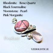 Rhodonite Rose Quartz Black Tourmaline Moonstone - Pearl- Pink Morganite Crystal Sterling Silver Pendant Necklace image