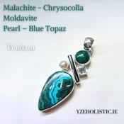 Malachite - Chrysocolla - Moldavite - Blue Topaz - Pearl 925 Sterling Silver Pendant Natural Stone Crystal Necklace image